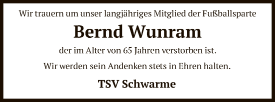Traueranzeige von Bernd Wunram von SYKS