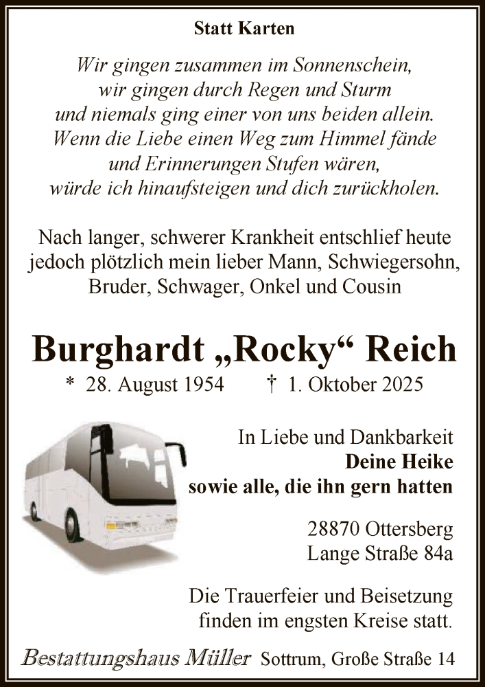  Traueranzeige für Burghardt Reich vom 11.10.2025 aus SYKR