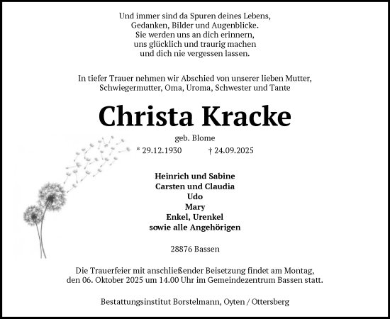 Traueranzeige von Christa Kracke von SYKS