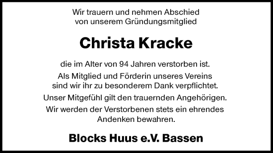 Traueranzeige von Christa Kracke von SYKS