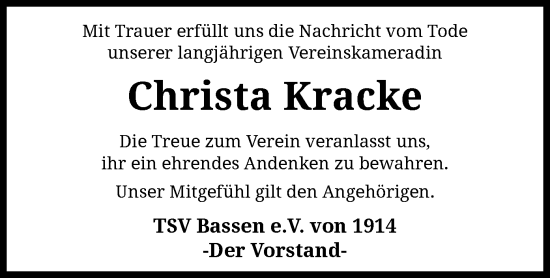 Traueranzeige von Christa Kracke von SYKS
