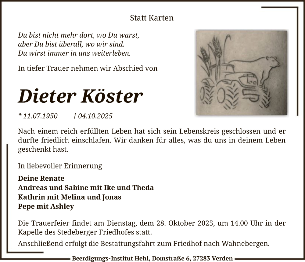  Traueranzeige für Dieter Köster vom 25.10.2025 aus SYKS