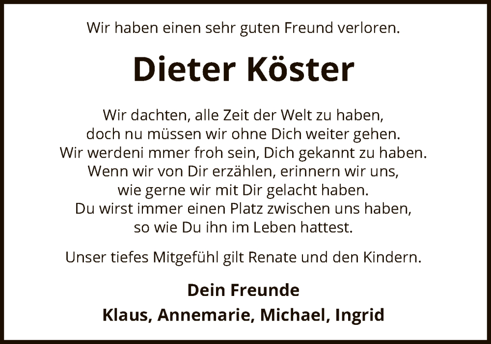  Traueranzeige für Dieter Köster vom 25.10.2025 aus SYKS