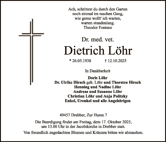 Traueranzeige von Dietrich Löhr von SYKS