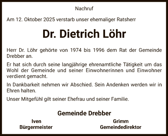 Traueranzeige von Dietrich Löhr von SYKS