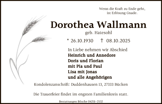 Traueranzeige von Dorothea Wallmann von SYKS
