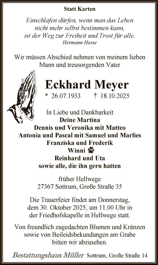 Traueranzeige von Eckhard Meyer von SYKR
