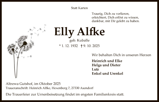 Traueranzeige von Elly Alfke von SYKS