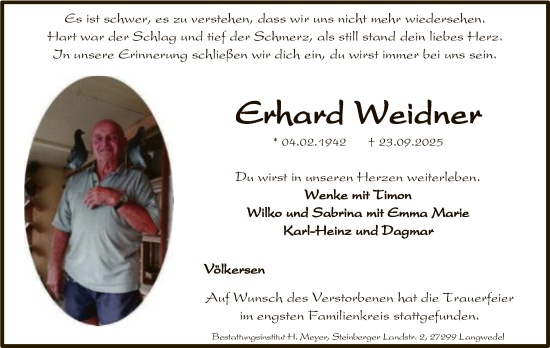 Traueranzeige von Erhard Weidner von SYKS