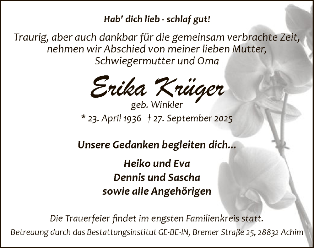  Traueranzeige für Erika Krüger vom 04.10.2025 aus SYKS