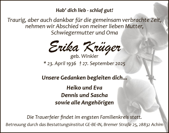 Traueranzeige von Erika Krüger von SYKS