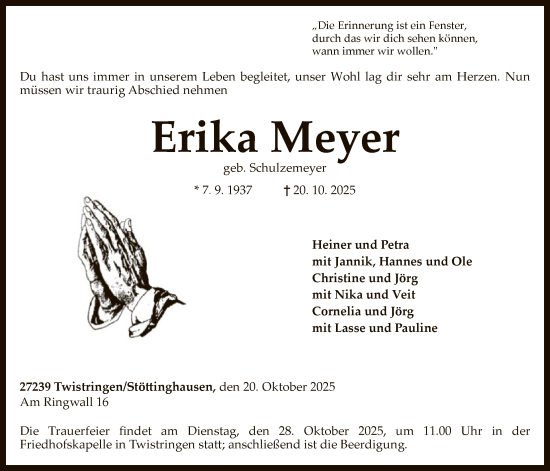 Traueranzeige von Erika Meyer von SYKS