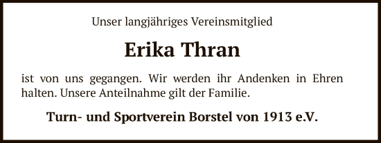 Traueranzeige von Erika Thran von SYKS
