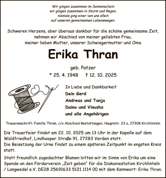 Traueranzeige von Erika Thran von SYKS