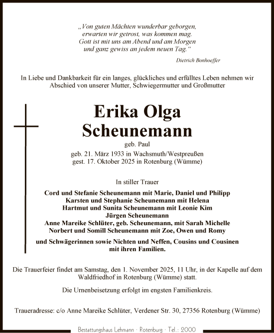 Traueranzeige von Erika Olga Scheunemann von SYKR