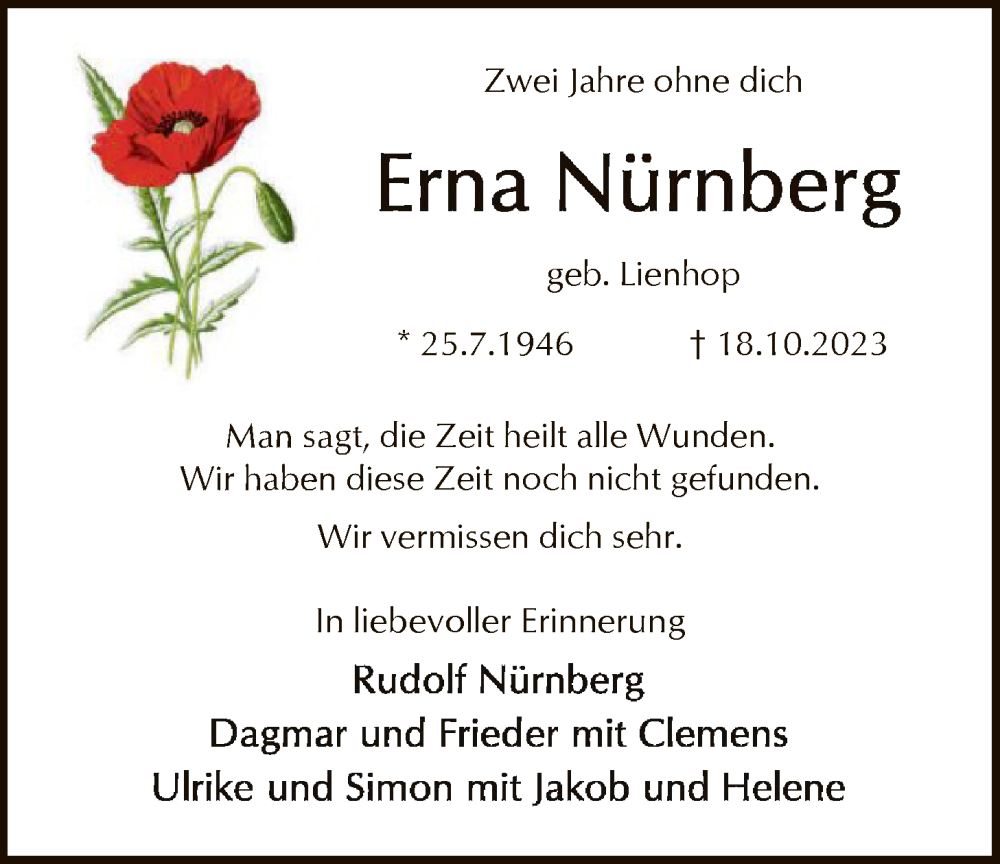  Traueranzeige für Erna Nürnberg vom 18.10.2025 aus SYKS