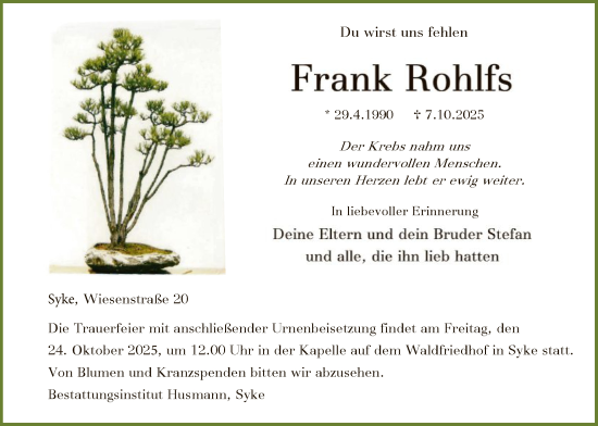 Traueranzeige von Frank Rohlfs von SYKS