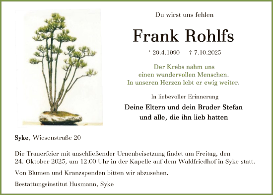 Traueranzeige von Frank Rohlfs von SYKS