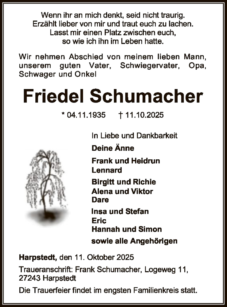  Traueranzeige für Friedel Schumacher vom 17.10.2025 aus SYKSSYWZ