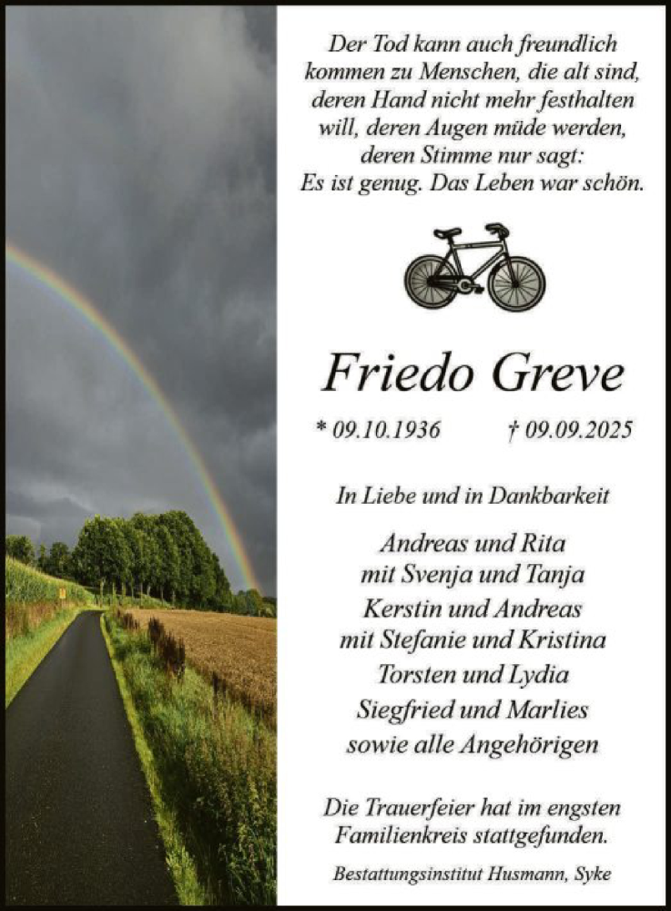  Traueranzeige für Friedo Greve vom 04.10.2025 aus SYKS