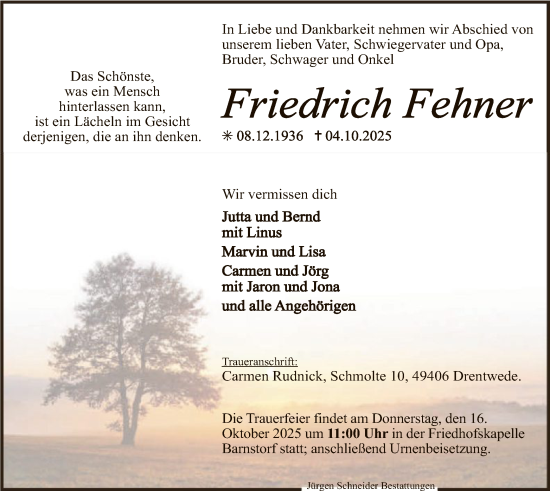 Traueranzeige von Friedrich Fehner von SYKS