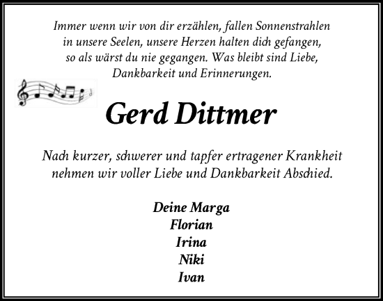 Traueranzeige von Gerd Dittmer von SYKS