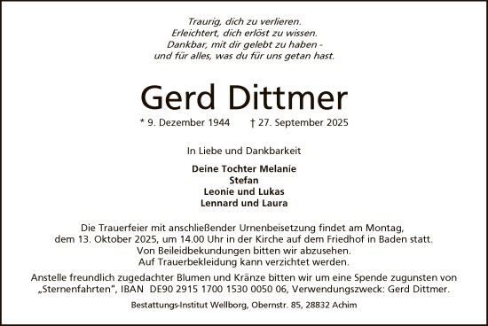 Traueranzeige von Gerd Dittmer von SYKS