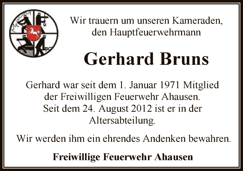  Traueranzeige für Gerhard Bruns vom 22.10.2025 aus SYKR