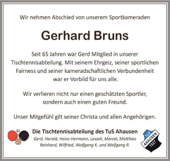 Traueranzeige von Gerhard Bruns von SYKR