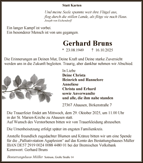 Traueranzeige von Gerhard Bruns von SYKR
