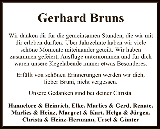 Traueranzeige von Gerhard Bruns von SYKR