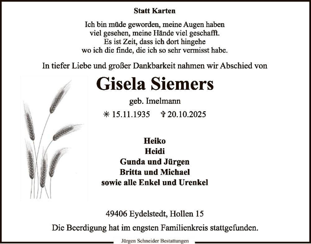  Traueranzeige für Gisela Siemers vom 25.10.2025 aus SYKS
