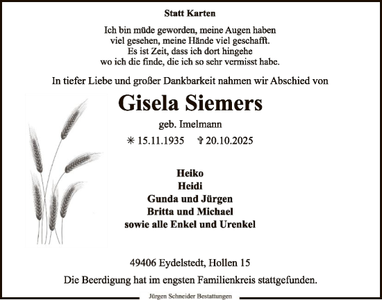 Traueranzeige von Gisela Siemers von SYKS