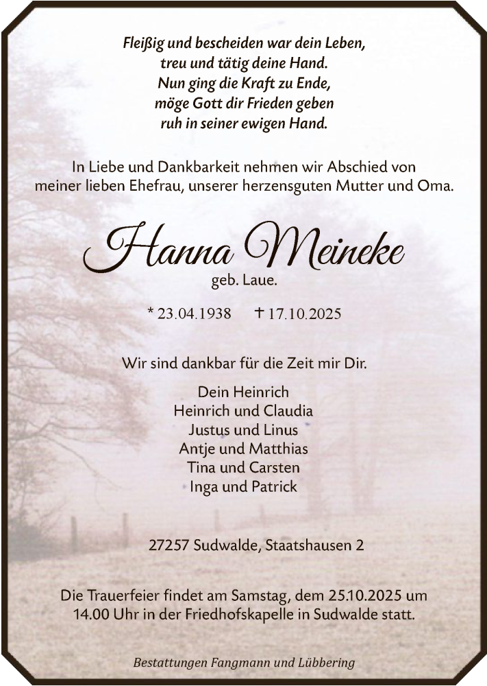  Traueranzeige für Hanna Meineke vom 21.10.2025 aus SYKSSYKS
