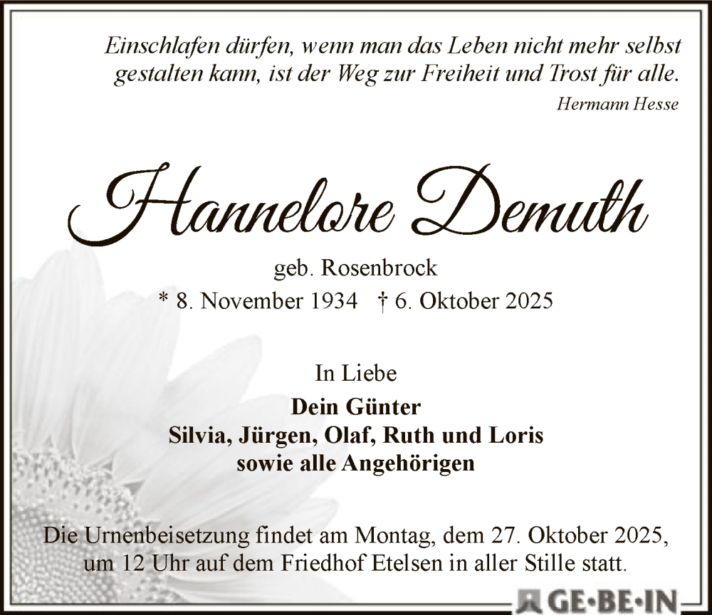  Traueranzeige für Hannelore Demuth vom 22.10.2025 aus SYKS