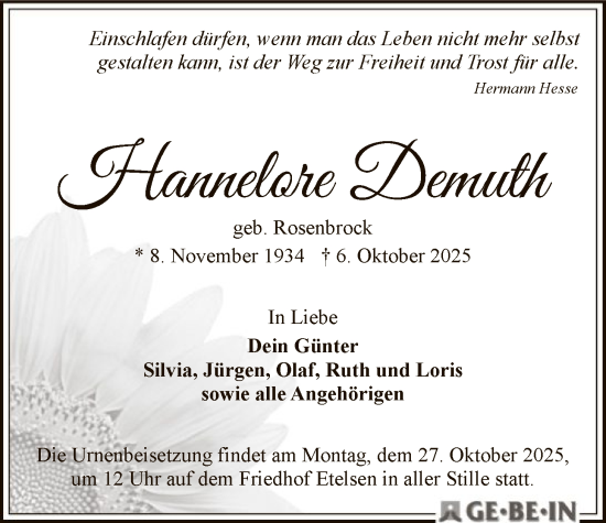Traueranzeige von Hannelore Demuth von SYKS