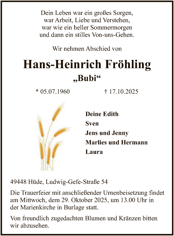  Traueranzeige für Hans-Heinrich Fröhling vom 24.10.2025 aus SYKS