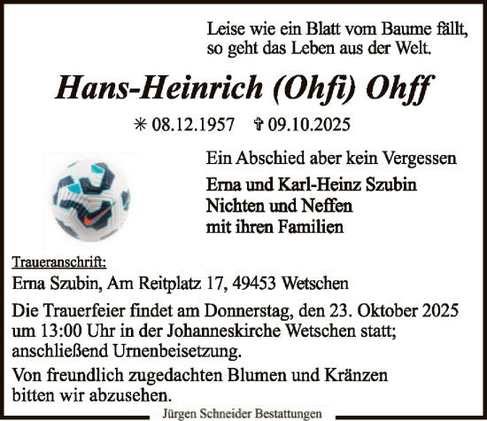 Traueranzeige von Hans-Heinrich Ohff von SYKS
