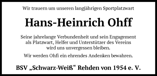 Traueranzeige von Hans-Heinrich Ohff von SYKS