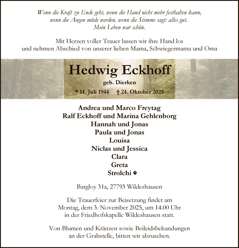  Traueranzeige für Hedwig Eckhoff vom 28.10.2025 aus SYWZ