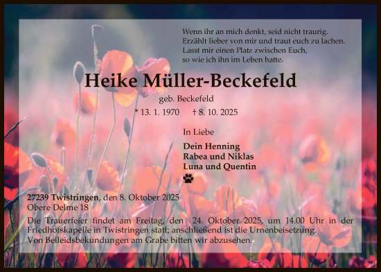 Traueranzeige von Heike Müller-Beckefeld von SYKS