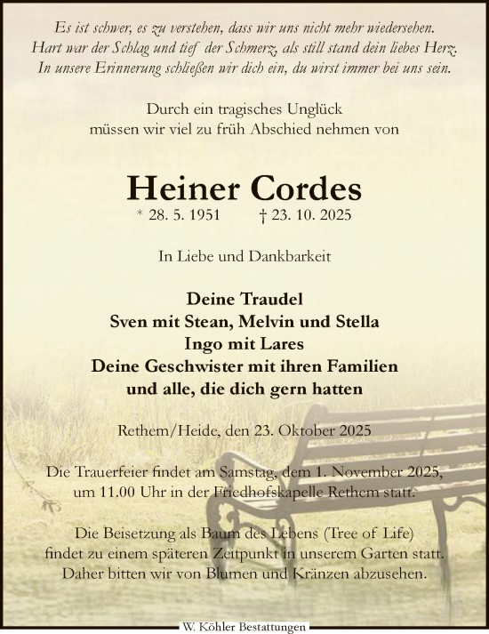 Traueranzeige von Heiner Cordes von SYKS