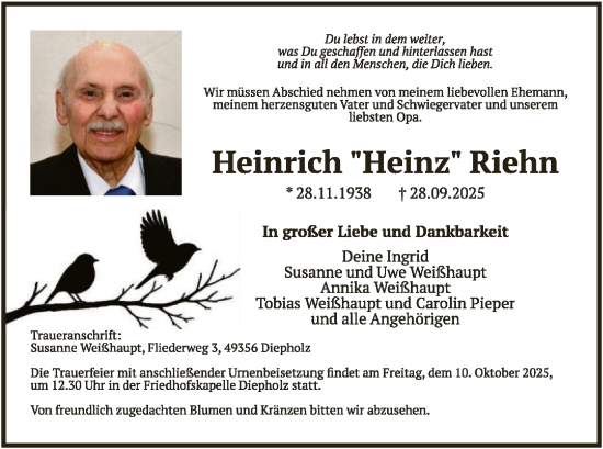 Traueranzeige von Heinrich Riehn von SYKS