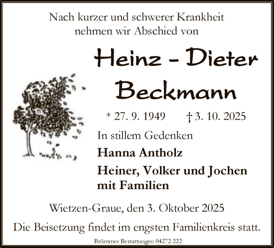 Traueranzeige von Heinz-Dieter Beckmann von SYKS