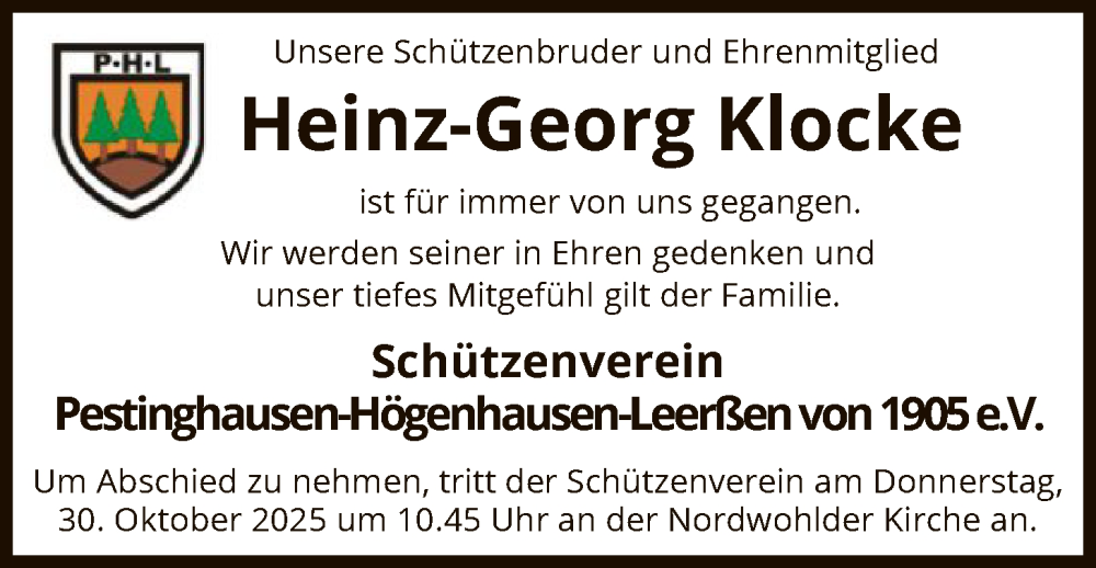  Traueranzeige für Heinz-Georg Klocke vom 29.10.2025 aus SYKS