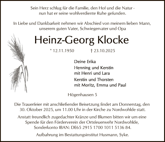 Traueranzeige von Heinz-Georg Klocke von SYKS