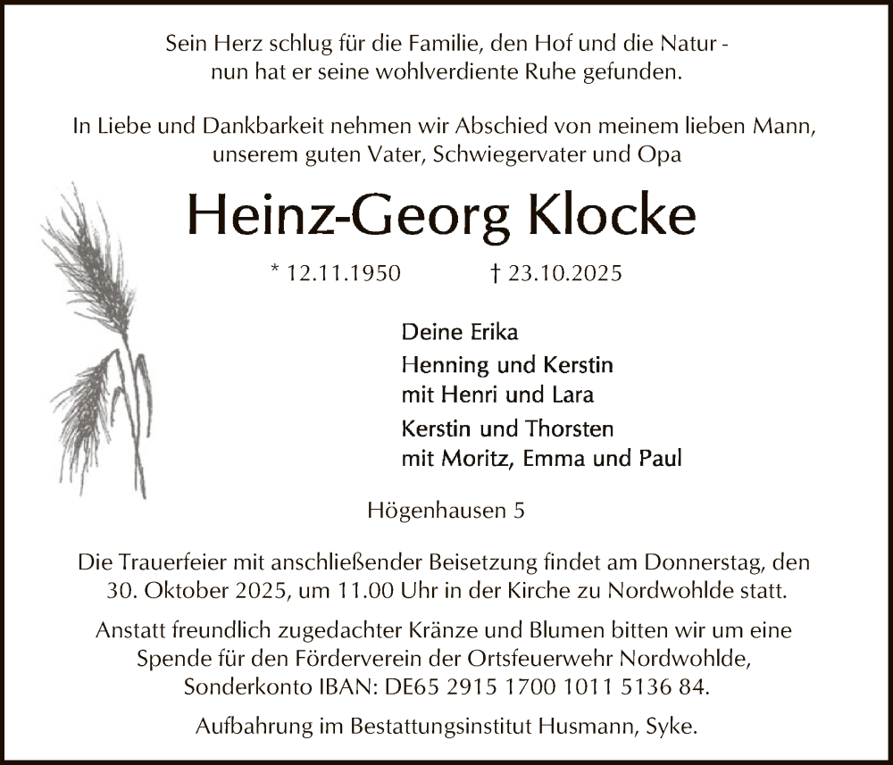  Traueranzeige für Heinz-Georg Klocke vom 28.10.2025 aus SYKS