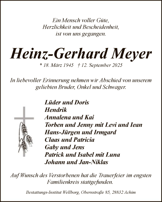 Traueranzeige von Heinz-Gerhard Meyer von SYKS