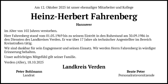 Traueranzeige von Heinz-Herbert Fahrenberg von SYKS