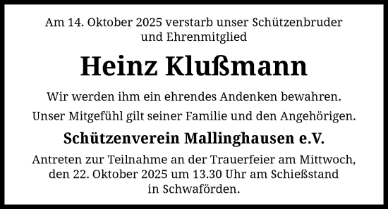 Traueranzeige von Heinz Klußmann von SYKS